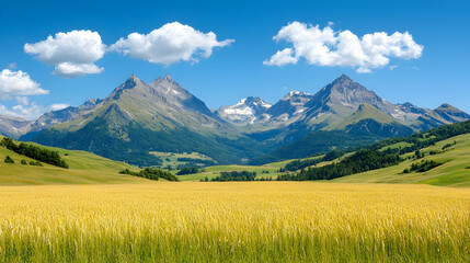 Fototapeta premium Golden wheat field stretches towards majestic green mountains under a bright blue sky with white clouds.