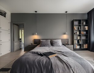 Grey master bedroom interior with bookcase