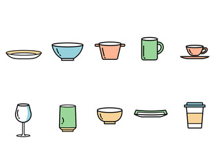 シンプルな食器セットの線画カラーイラスト