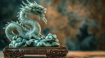 Fototapeta premium Elegant Jade Dragon Sculpture on Decorative Wooden Base