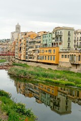 Girona Spain - 25 April 2024 - Colourful houses along the Onyar River in Girona