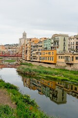 Girona Spain - 25 April 2024 - Colourful houses along the Onyar River in Girona