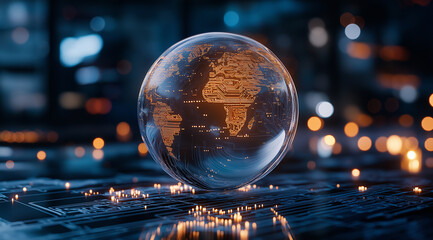 Fototapeta premium A transparent glass sphere with the Earth inside, illuminated by an orange light and filled with circuit boards. The background is a dark blue. 