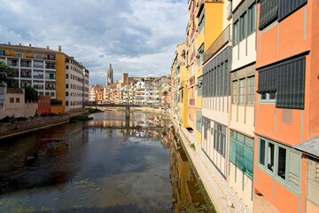 Girona Spain - 25 April 2024 - Colourful houses along the Onyar River in Girona