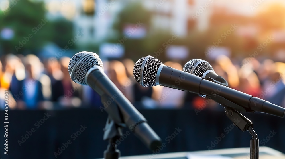 Poster close up of multiple microphones ready for a speech at outdoor event : generative ai