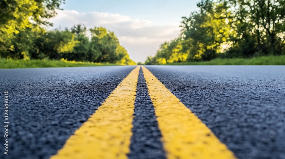 Poster perspective view of empty rural road framed by trees on sunny day : generative ai