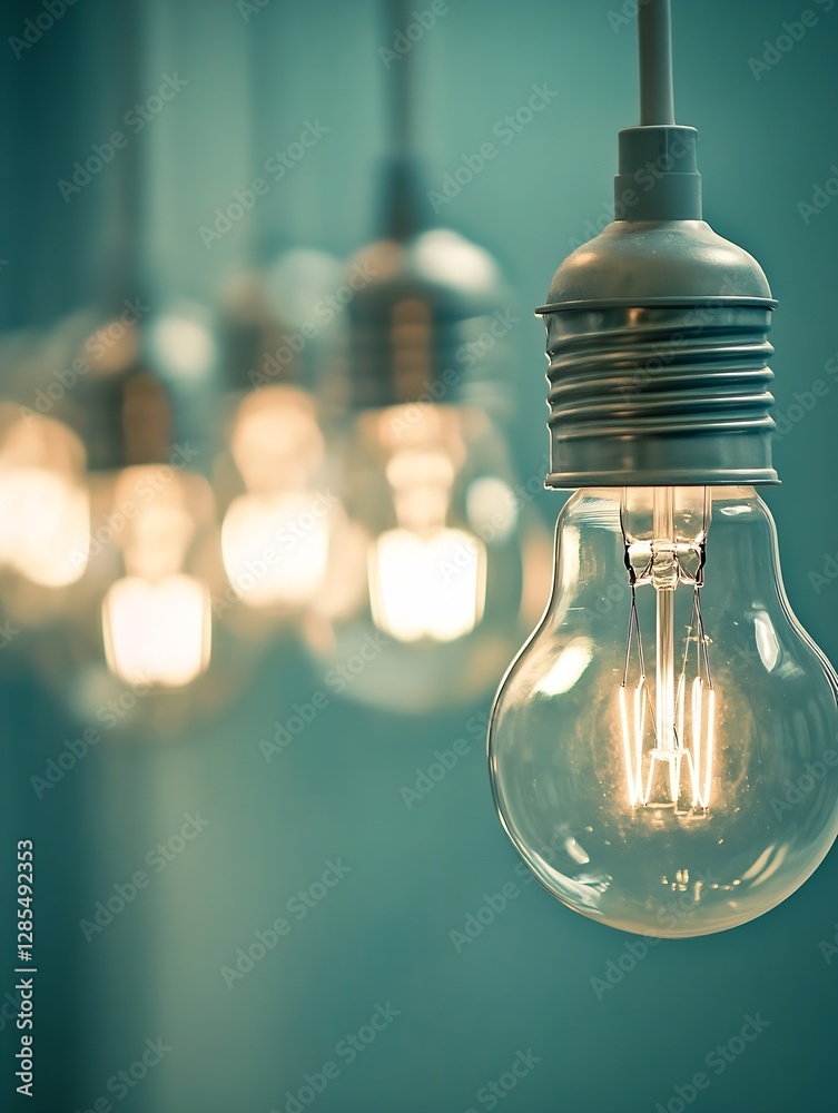 Poster close up view of vintage light bulbs hanging in a serene atmosphere : generative ai