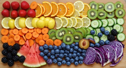 Colorful Rainbow Array of Fresh Fruits and Vegetables on Wood