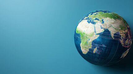 Global economy trade globalization. Hyper realistic globe with layered graphs on blue background