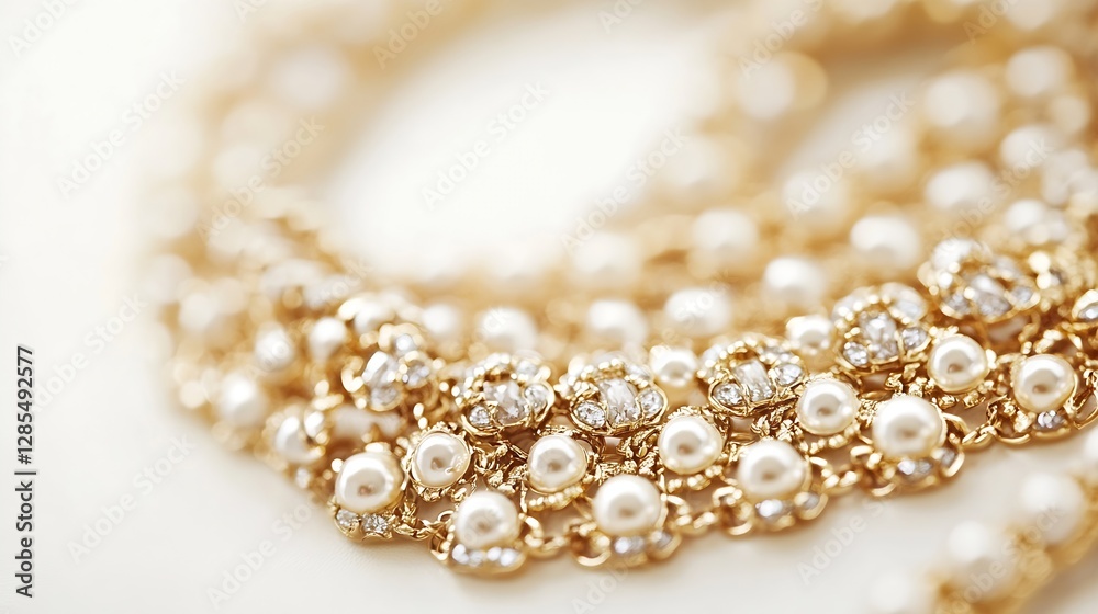 Poster elegant pearl necklace with gold chains and glittering gems on a soft surface : generative ai