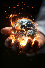 A hand holding the Earth on fire, stock photo, Earth Day concept, green background, copy space for text, high-resolution photograpthere are five fingers on the hand hy.