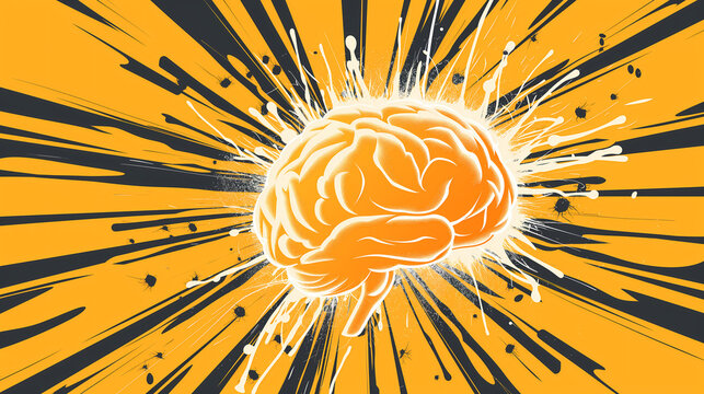 Glowing Orange Brain Exploding with Energy on a Dynamic Yellow Background

