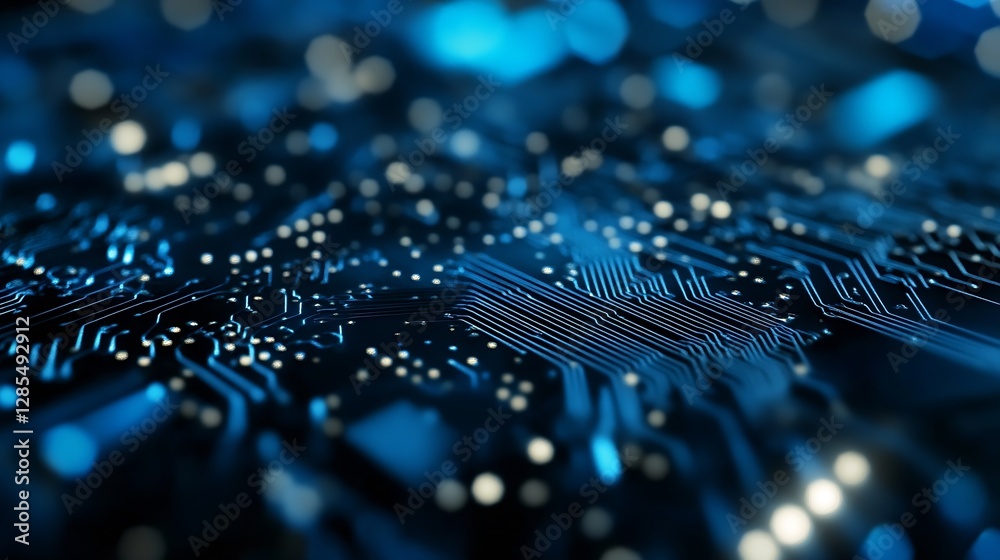 Poster Abstract Close Up of Circuit Board with Blue and White Lights Creating Tech Vibe : Generative AI