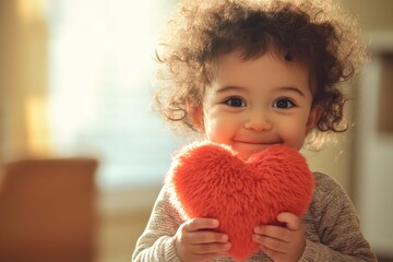 Smirk face cute mixed-race toddler girl with fluffy heart in hands. Valentine's day greeting and funny gift. Sweetheart baby on valentineâ€™s. Smiling baby valentine. Family valentine's day.