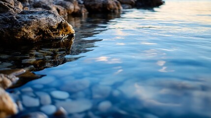 Fototapeta premium Calm Stream with Clear Blue Water Flowing Gently Over Smooth Stones and Rocks : Generative AI