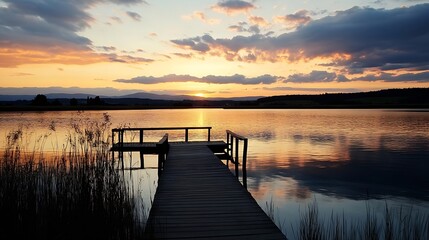 Fototapeta premium Stunning Lakeside Sunset with Dock and Reflective Water Surrounded by Gentle Reeds : Generative AI