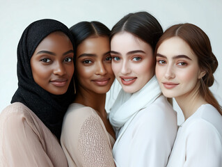 diversity women hijabi african american arabic spanish asian thai chinese korean women studio shoot with different skintones beauty skincare inclusive beauty blonde indian young teenagers
