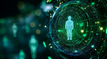 Abstract digital human figure surrounded by glowing connections, with multiple people inside the sphere representing global communication and network security technology. The backg