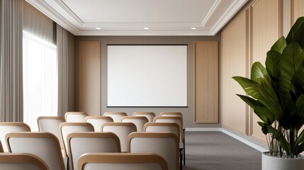 Conference rooms in convention centers Concept, Spacious conference room featuring tiered seating with modern design and projector screen for presentations