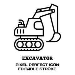 Excavator symbol, featuring an editable stroke outline icon isolated on white background flat vector illustration. Pixel perfect