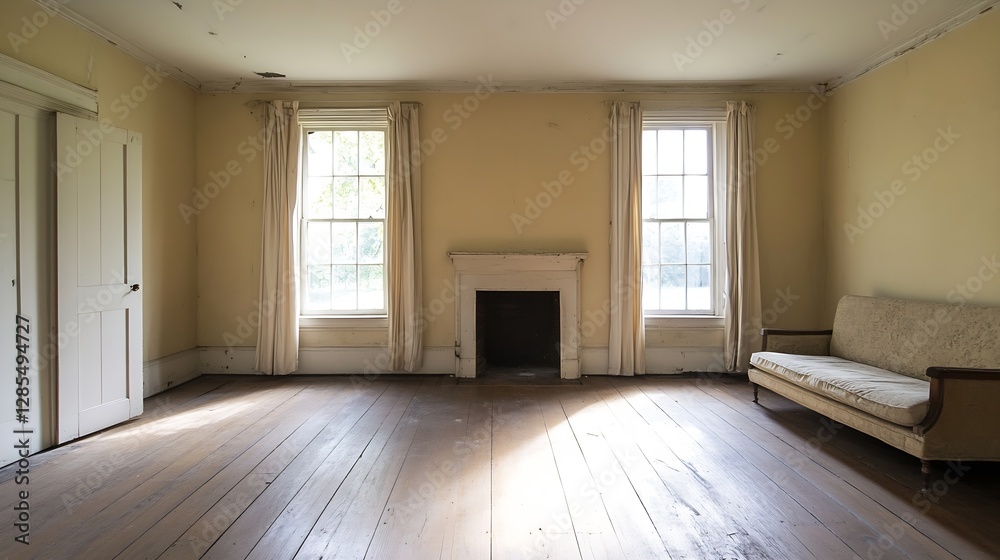 Aufkleber empty interior room with sunlight streaming through the windows : generative ai