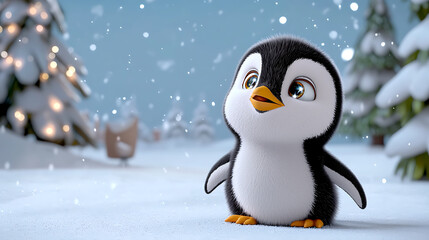 Fototapeta premium A cute penguin is standing in the snow with its head tilted to the side. generated using AI