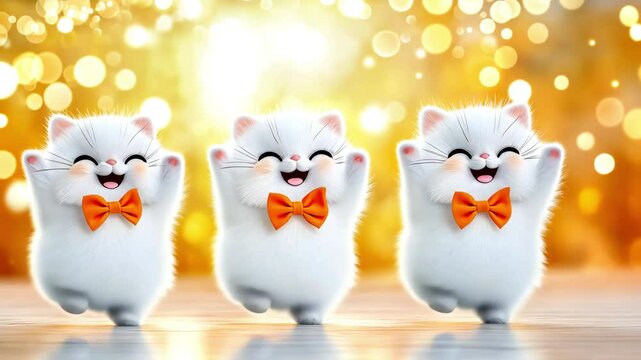 Three cheerful funny happy cats dancing and smiling. Cute happy white kittens dancing cheerfully. Funny animation with dancing cartoon cats. Children's party, birthday.