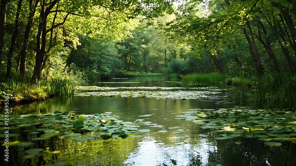 Poster picturesque tranquil scene of a green serene river bordered by trees and lilypads in nature : genera