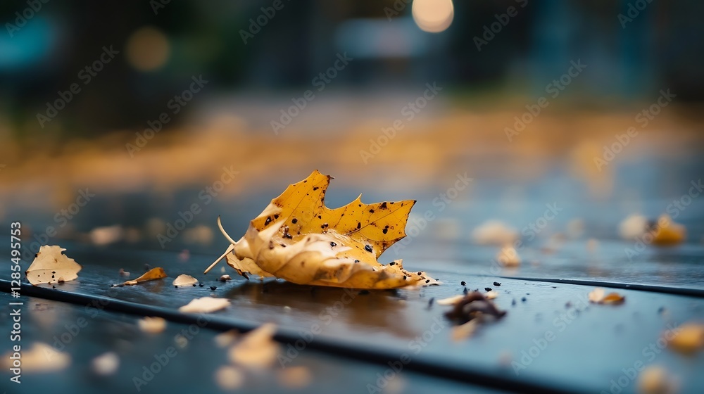 Poster beautiful autumn leaf on wet wooden surface capturing the essence of fall : generative ai