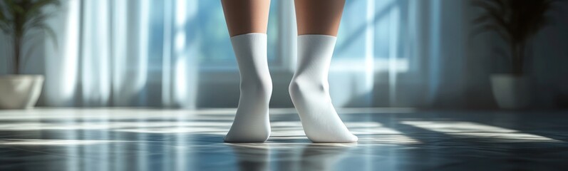 A person is standing in a room with white socks on