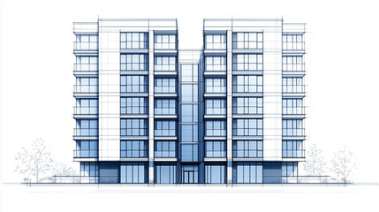 A meticulously drawn front elevation blueprint of a modern 20-story apartment building, capturing its tall and narrow profile