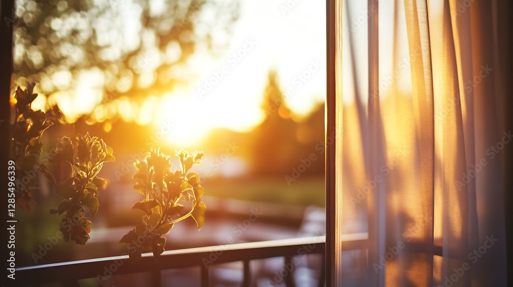 Aufkleber Golden Hour Sunlight Filtering through Sheer Curtains and Greenery : Generative AI