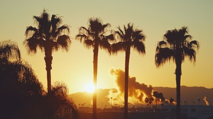 Obraz premium Sunset Over Palm Trees with Silhouette and Smoky Background