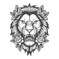 lion head mascot line art black and white vector design
