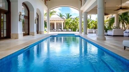 Fototapeta premium Luxurious Swimming Pool with Tropical Setting in a Modern Home Environment : Generative AI