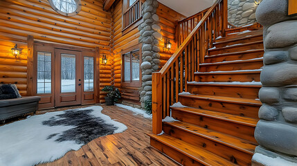 Rustic Log Cabin Entryway With Wooden Stairs And Snow