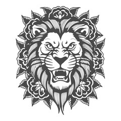 lion head mascot line art black and white vector design