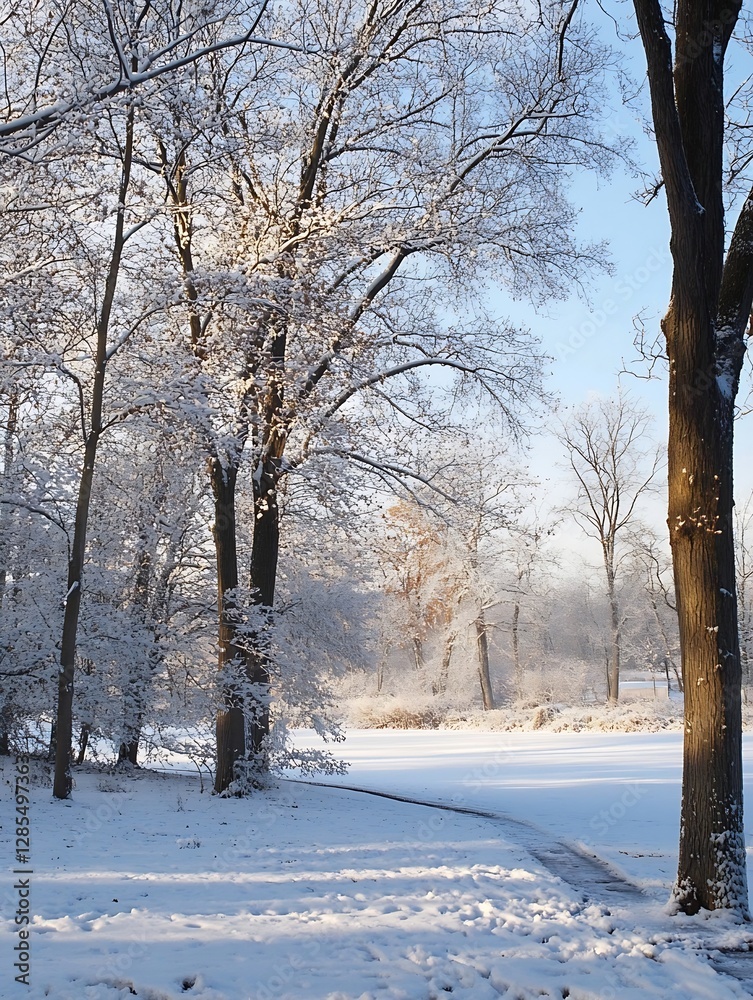 Poster snowy winter landscape with trees glowing in sunlight : generative ai
