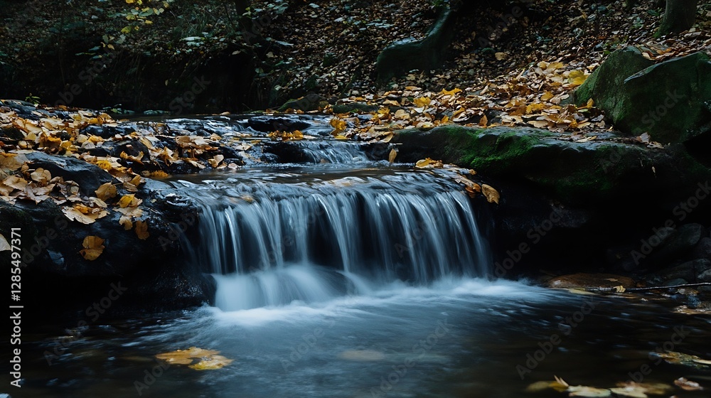 Poster Serene Stream Flowing Through Autumn Leaves in a Forest : Generative AI