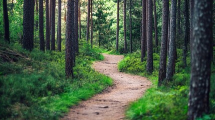Obraz premium Winding dirt path through lush green forest with tall pine trees.