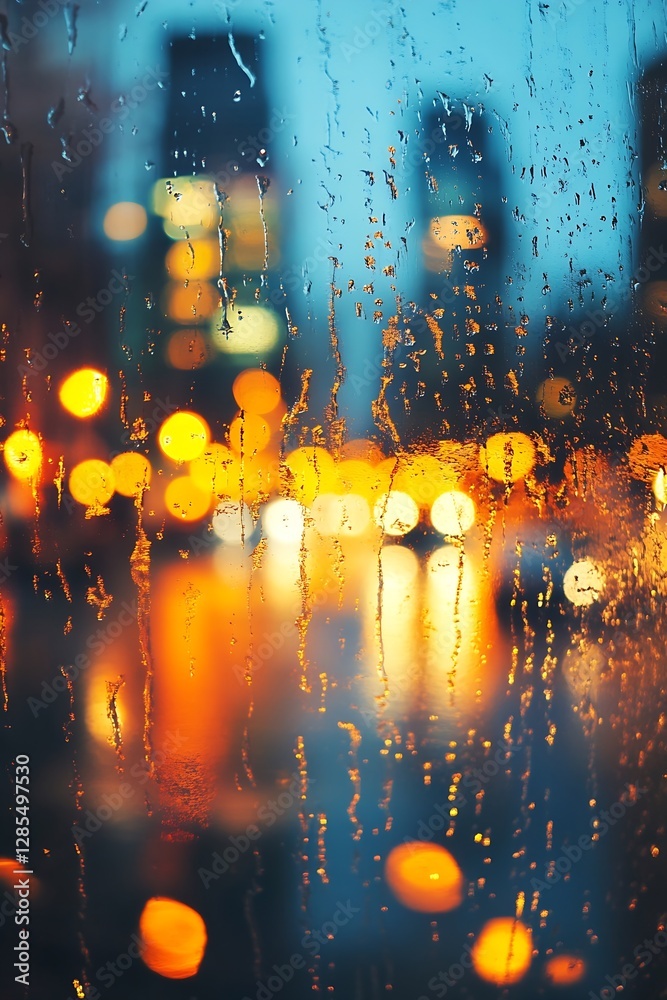 Poster raindrops on glass window in a cityscape creating a dreamy and atmospheric mood during rainy night :