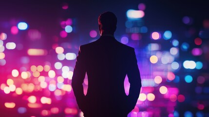 Silhouette of a Businessman Against a Colorful City Skyline at Night