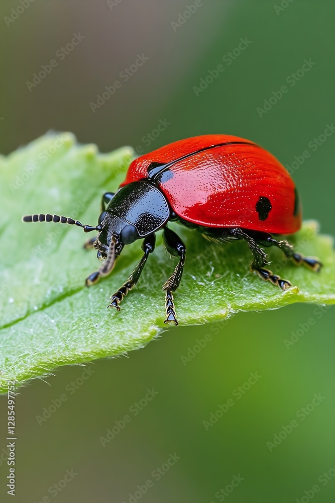 Poster Detailed Macro Shot of a Vibrant Red Beetle Crawling on a Leaf : Generative AI