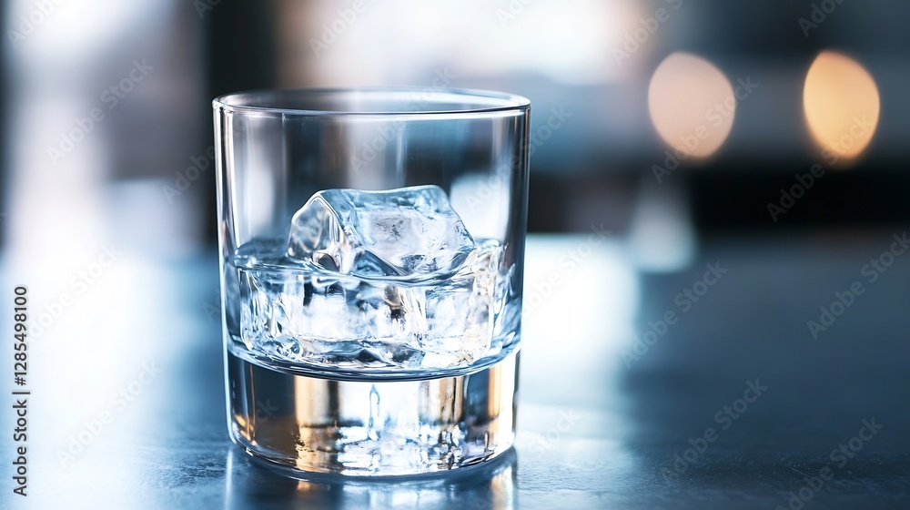 Poster refreshing glass of whiskey with ice cubes on a sleek bar countertop : generative ai