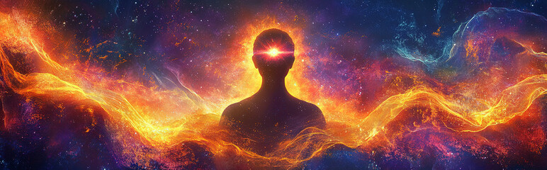 A meditative figure with a glowing third eye, surrounded by pulsating waves of golden energy