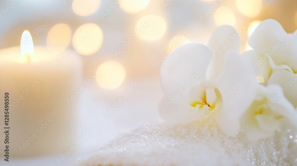 Poster elegant white orchids and a warm candle creating a tranquil spa atmosphere : generative ai