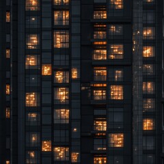 Obraz premium Nighttime cityscape with illuminated windows.