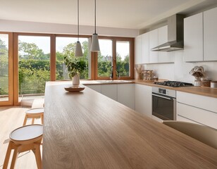 Breakfast bar and minimalist white and wood kitchen
