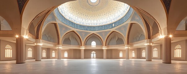 Obraz premium Intricate architecture showcases a stunning mosque interior with domed ceiling