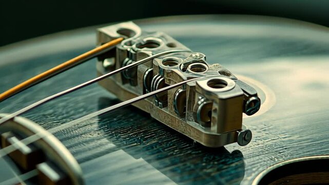 Close-up view of an acoustic guitar bridge highlighting craftsmanship and music-making details